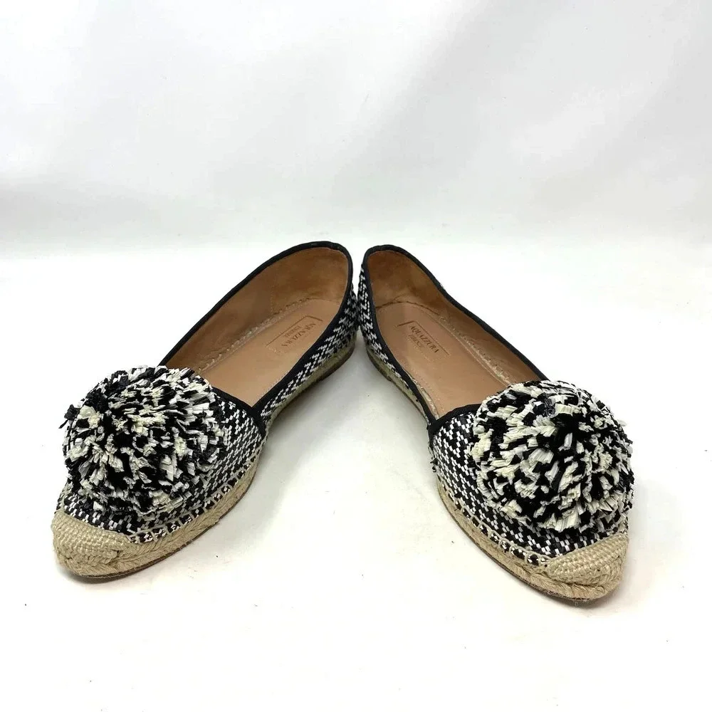 Aquazzura Pom Raffia Espadrille Flats Herringbone Black White Size 39 US‎ 9